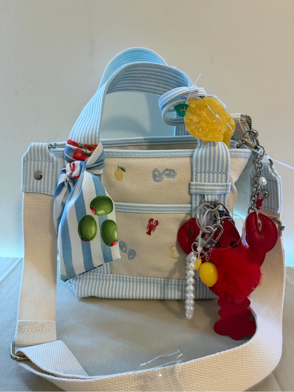 Canvas Mini Tote with Blue Stripes and Fruit Embroidery
